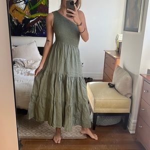 100% Linen olive rouched midi dress